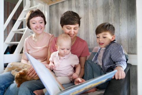 Same sex female adopters reading s book with their two adopted children